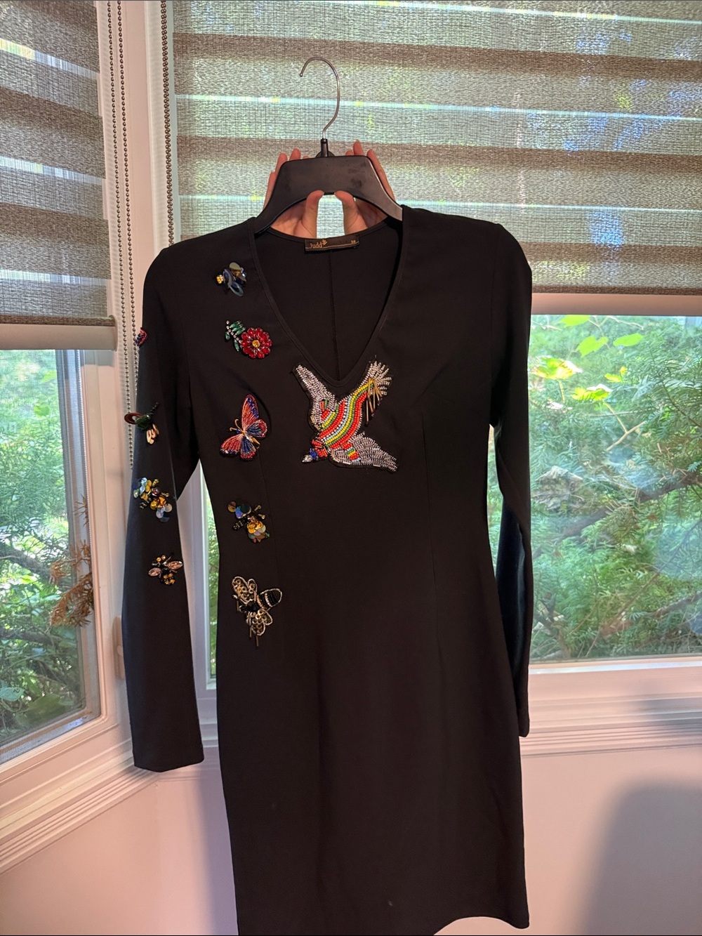 Black Embellished V-Neck Dress with Colorful Butterfly and Bird Accents
